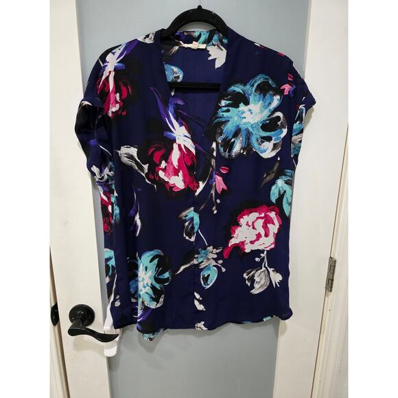 Pleione Blue Floral Blouse LP Split Neck Short Sleeve Tunic Top Workwear - Picture 1 of 6